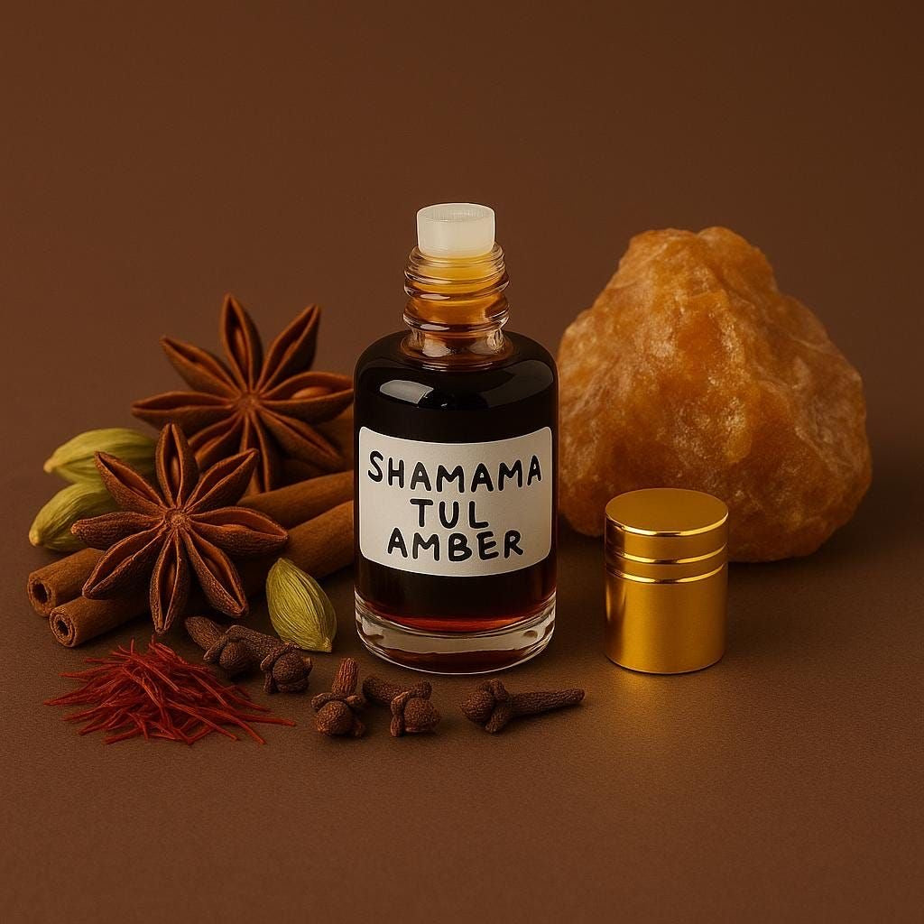 Shamama Tul Amber attar,
Spicy woody oud fragrance,
Saffron rose attar oil,
Traditional shamama perfume,
Herbaceous oriental fragrance,
Luxury oud attar blend